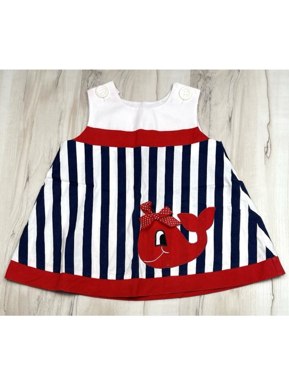 VTG MATY Kids Girls 24M Navy Stripe Patriotic Embroidered Whale JUMPER Dress